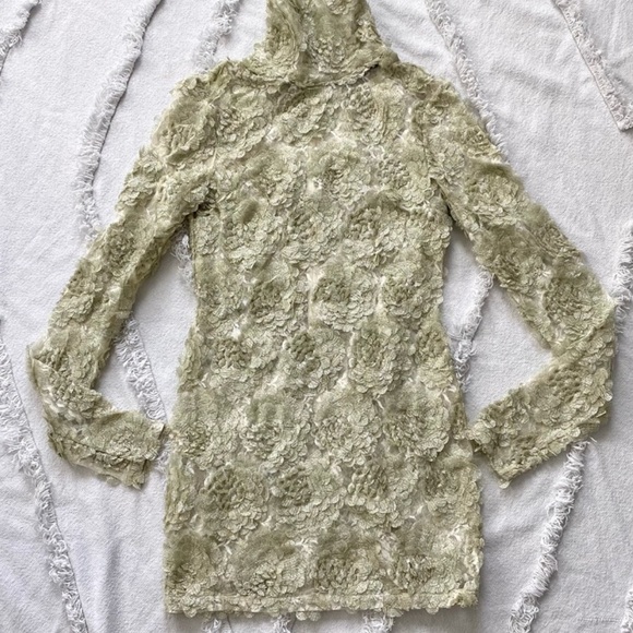 Designer Zeynep Arcay Floral Silk Dress Mint sz 0 2 runway RARE turtleneck retro - Picture 4 of 8